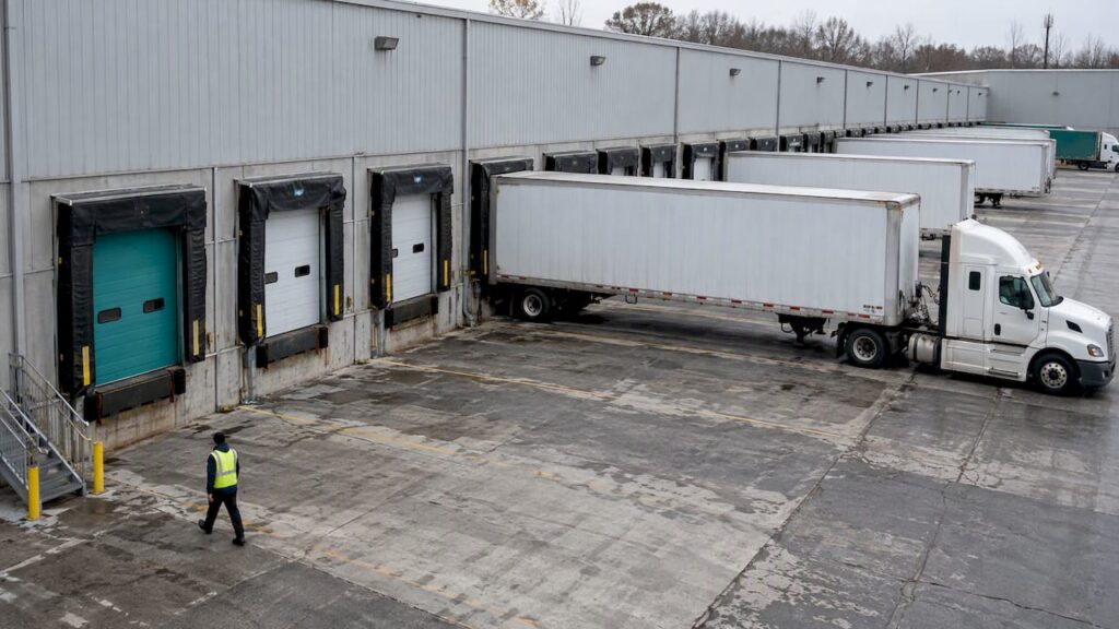 Cross-dock doors and trailers along the apron