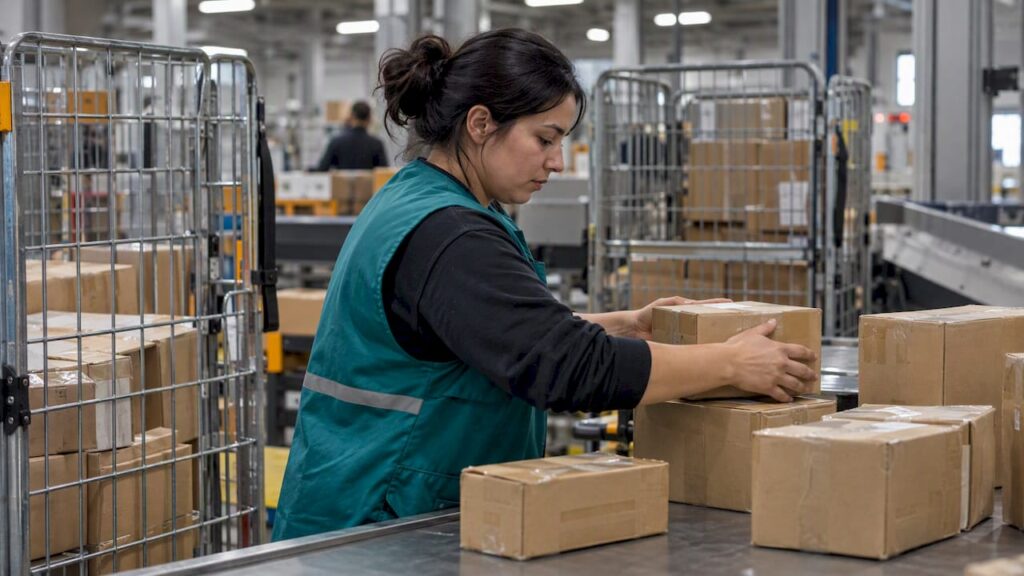 Worker grouping parcels for cross-border shipment