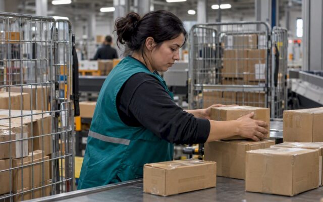 Worker grouping parcels for cross-border shipment