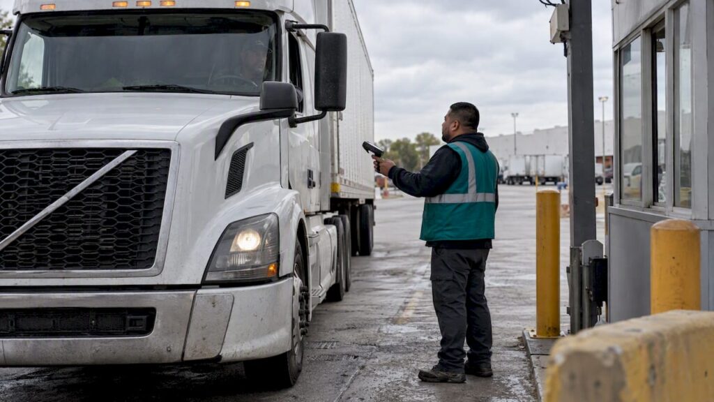 Truck checking in at a distribution yard gate