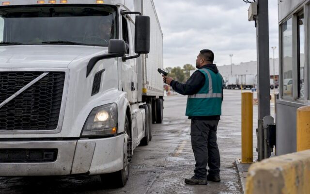 Truck checking in at a distribution yard gate