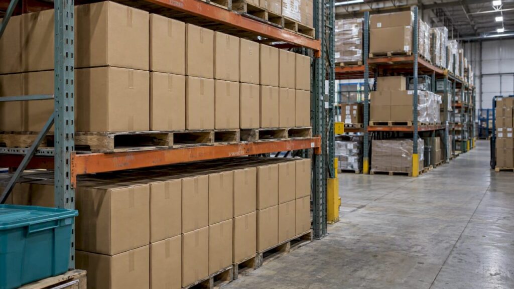 Shared stock grouped in a warehouse reserve aisle