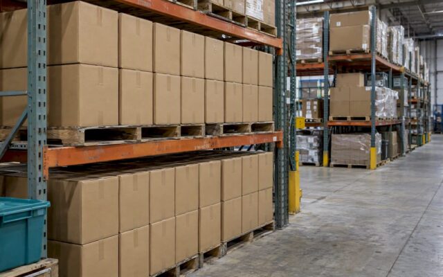 Shared stock grouped in a warehouse reserve aisle