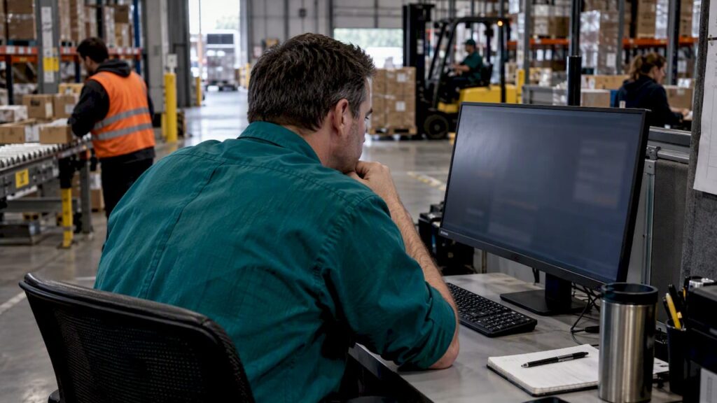 Supervisor reviewing a supply chain KPI dashboard