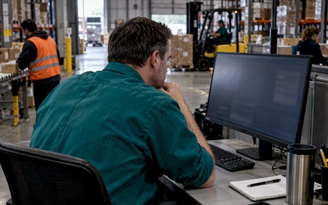 Supervisor reviewing a supply chain KPI dashboard