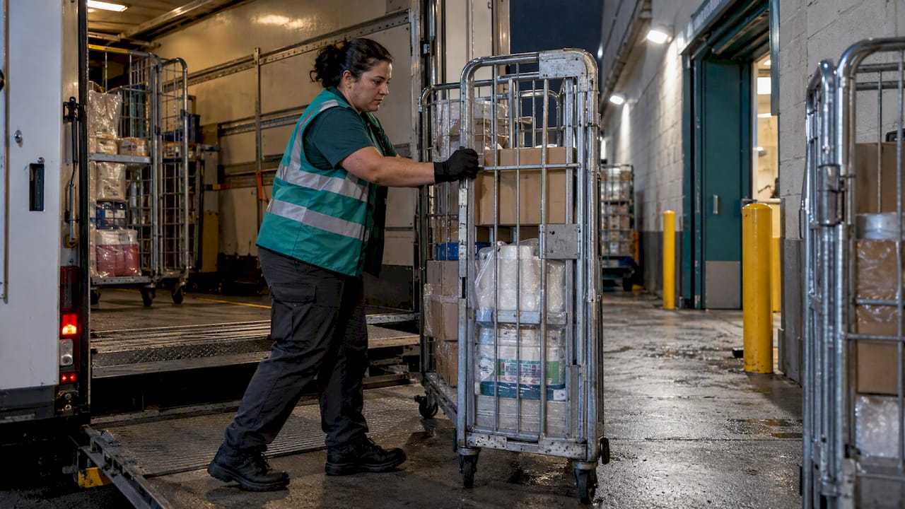 Driver unloading roll cages at night