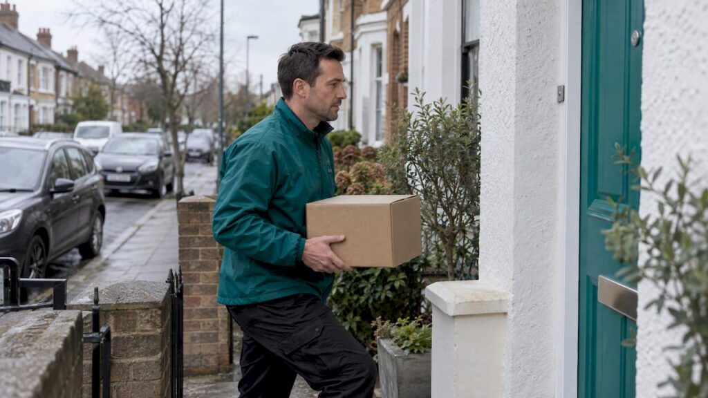 Courier carrying a parcel to a home