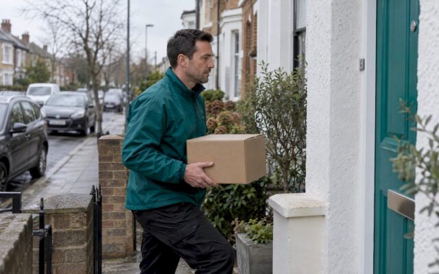 Courier carrying a parcel to a home